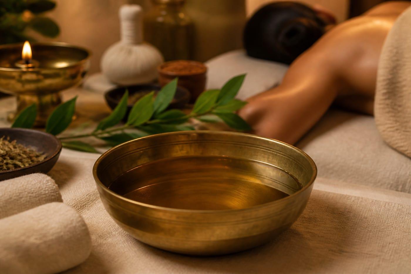 Warm herbal oil prepared for Abhyanga massage