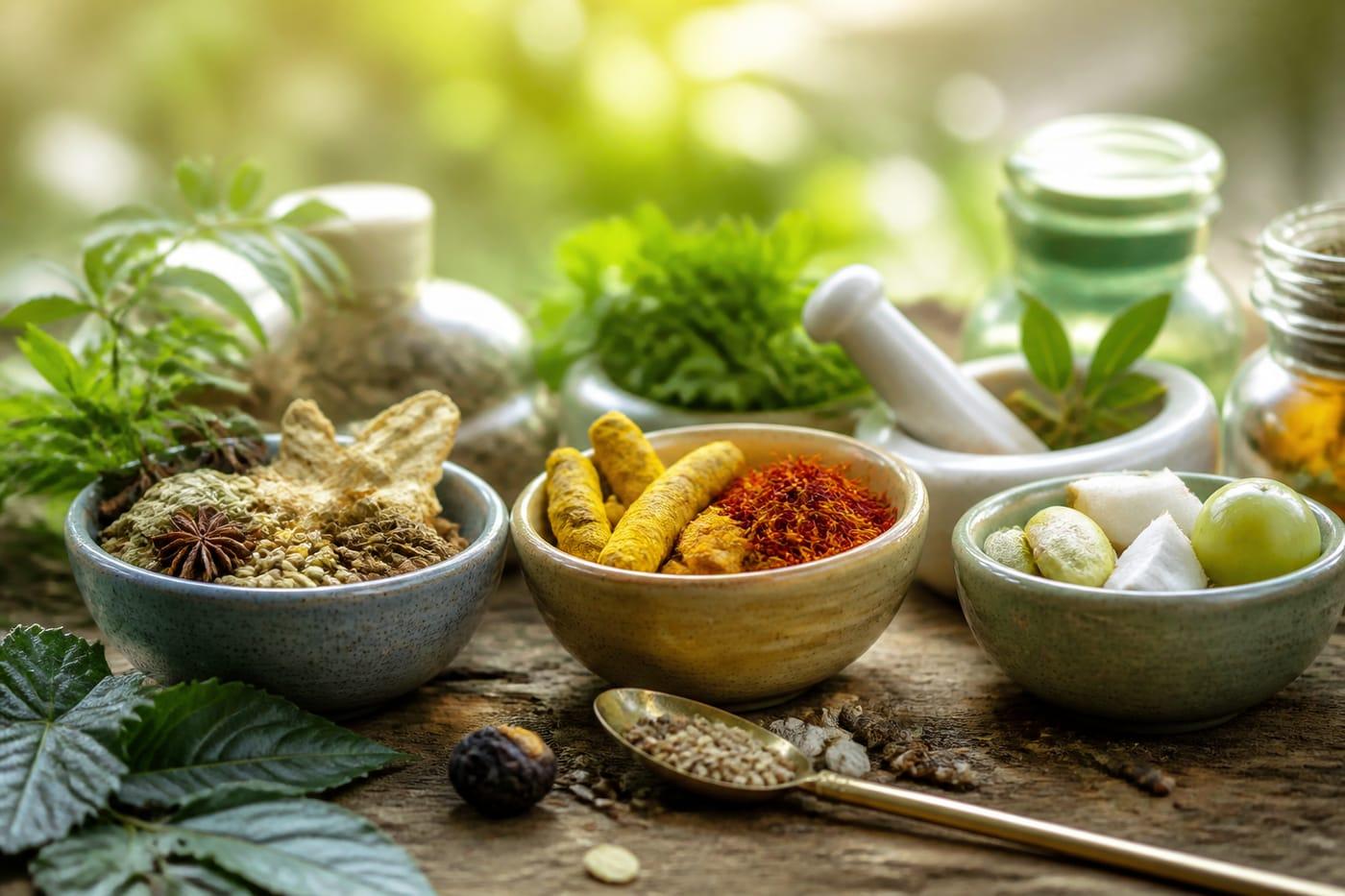 Ayurvedic spices and herbs representing the three Doshas