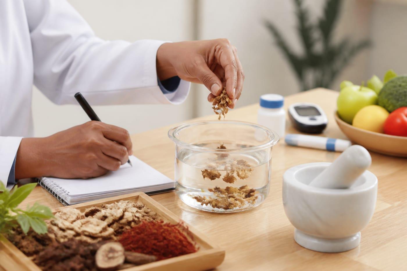 Clinical preparation of herbal metabolic care, no faces shown