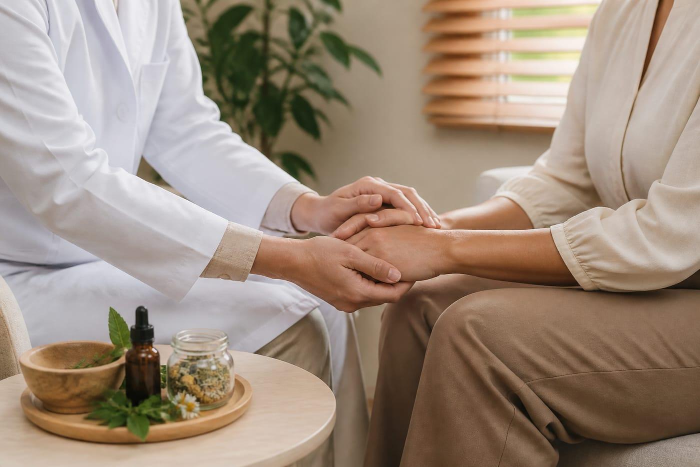 Supportive clinical consultation with hands only, no faces shown