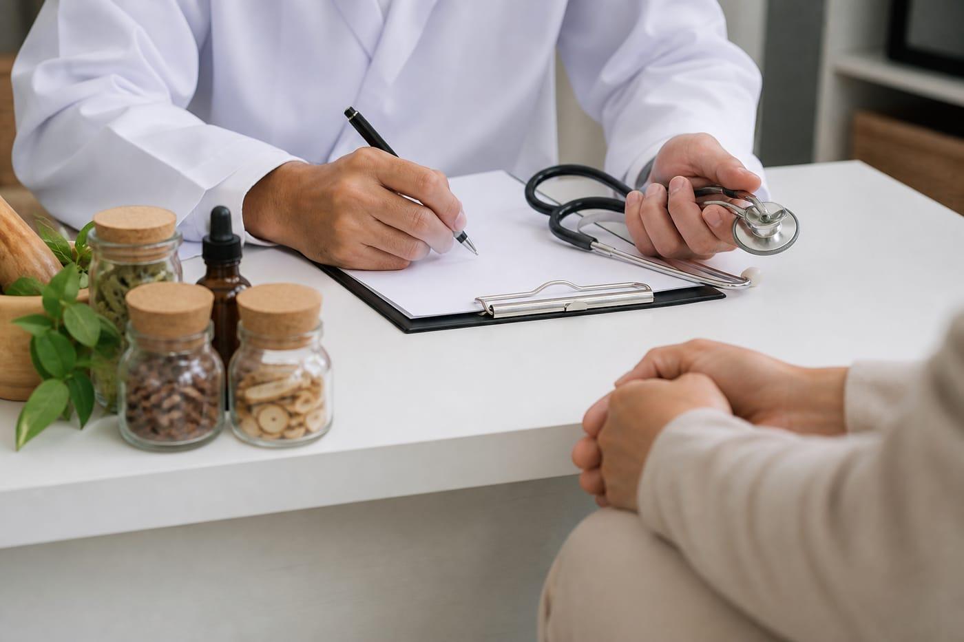 Clinical consultation with stethoscope and herbal medicines, no faces shown