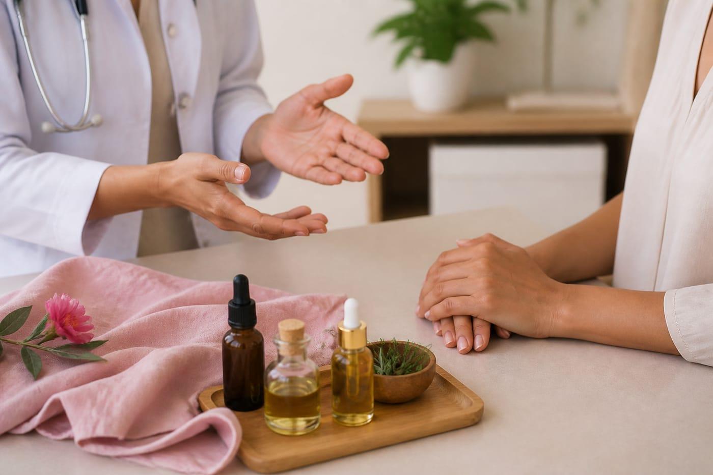 Women’s health consultation desk with clinician hands, no faces shown